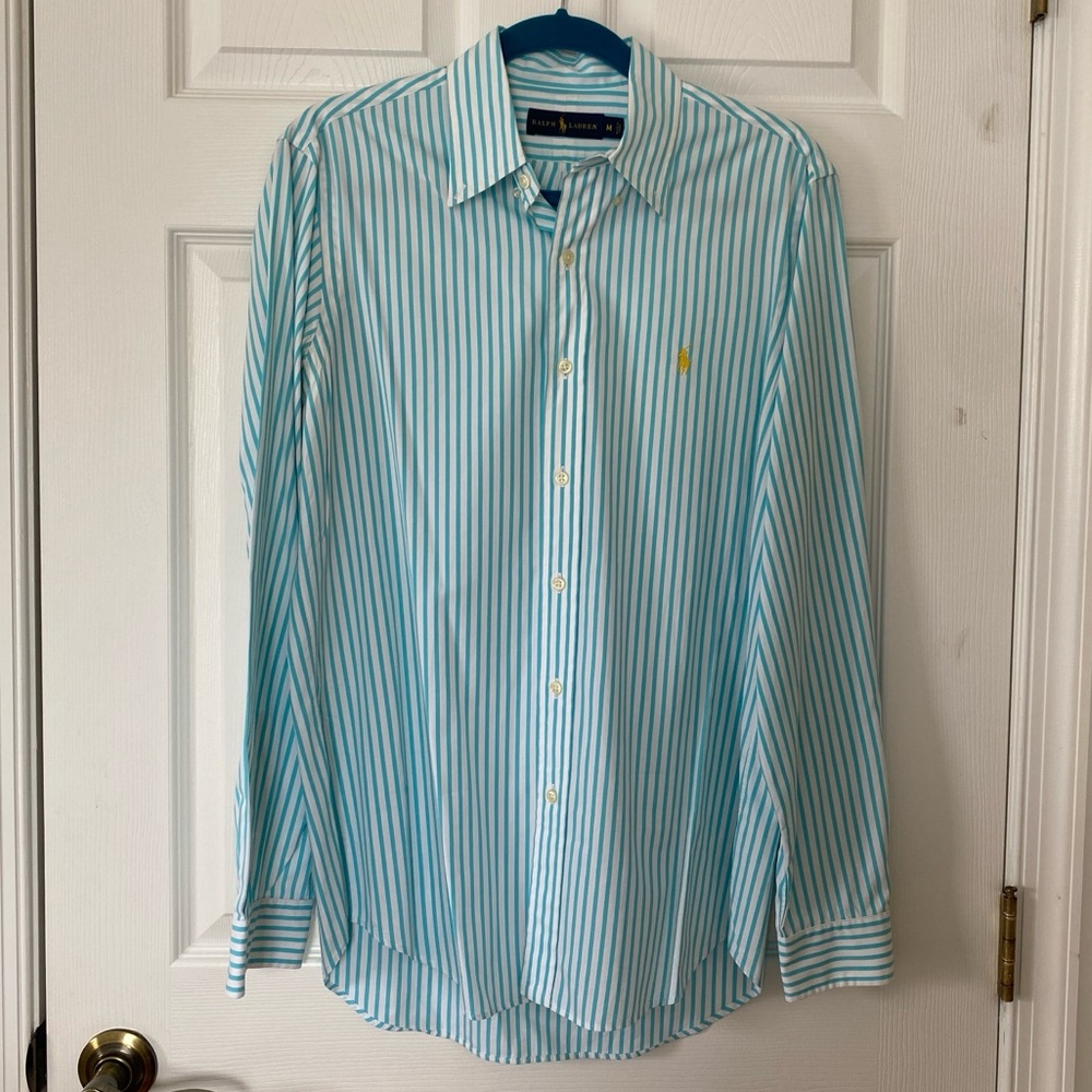 Ralph Lauren Mens button down white with teal blue stripes medium M